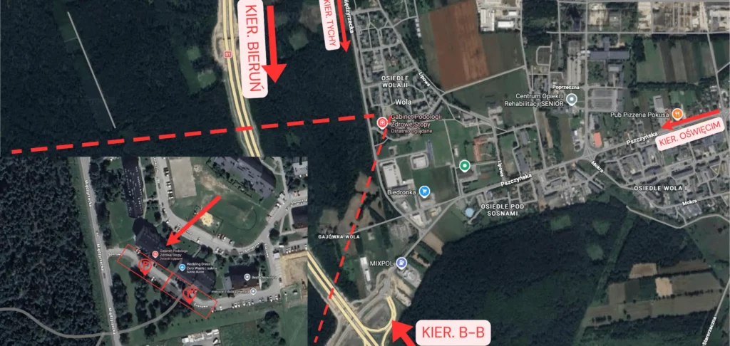 Schemat dojazdu do Gabinetu Podologicznego Zdrowe Stopy w Woli przy ul. Sosnowej 3. Mapa przedstawia położenie gabinetu w centrum miejscowości Wola oraz dojazd od strony Tychów, Bierunia, Oświęcimia i Bielska-Białej. Zaznaczono lokalizację budynku, wejście do gabinetu oraz dwa parkingi dostępne dla pacjentów przy ul. Sosnowej.
