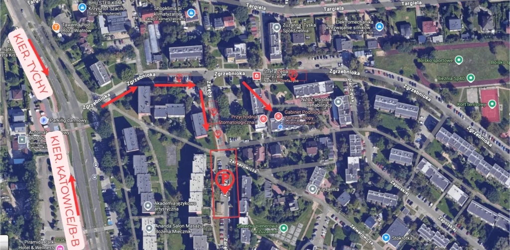 Mapa dojazdu do Gabinetu Podologicznego Zdrowe Stopy w Tychach przy ul. Zaręby 7. Na mapie zaznaczono dojazd od strony Katowic i Bielska-Białej przez al. Piłsudskiego oraz ul. Zgrzebnioka. Oznaczono lokalizację gabinetu, wejście od strony ryneczku pomiędzy blokami oraz dostępne miejsca parkingowe przy ul. Zaręby, ul. Zgrzebnioka i ul. Zelwerowicza.